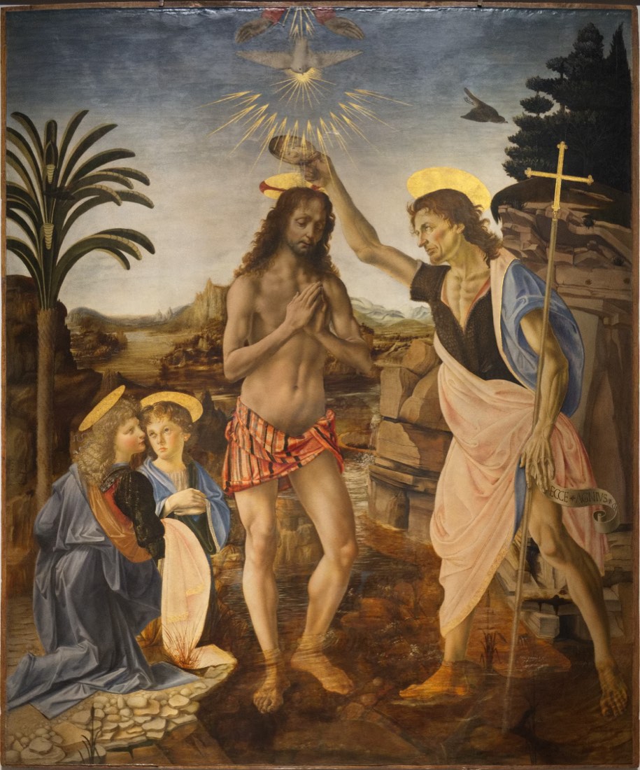 The Baptism of Christ, painting by Verrocchio and Leonardo da Vinci, at the Uffizi Gallery